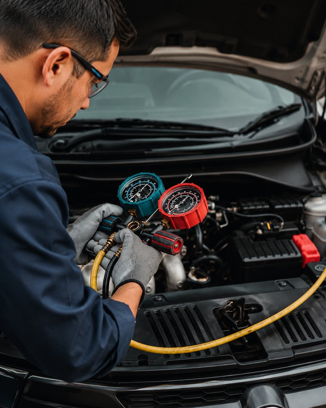 mechanic in oceanside ca repairing a vehicles AC unit