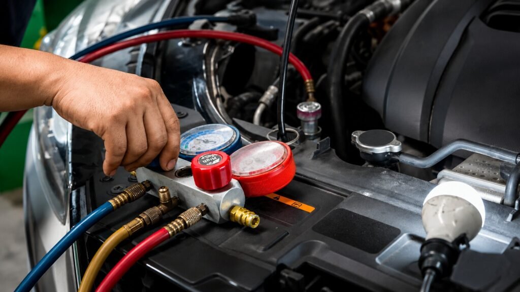 AC Auto Repair in Oceanside CA Mechanic at Leos AC Auto Repair recharging the AC in vehicle